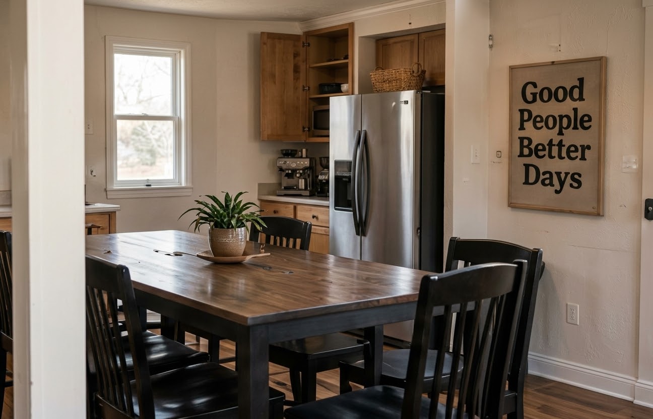 A shared kitchen and dining table with wooden cabinets and black chairs